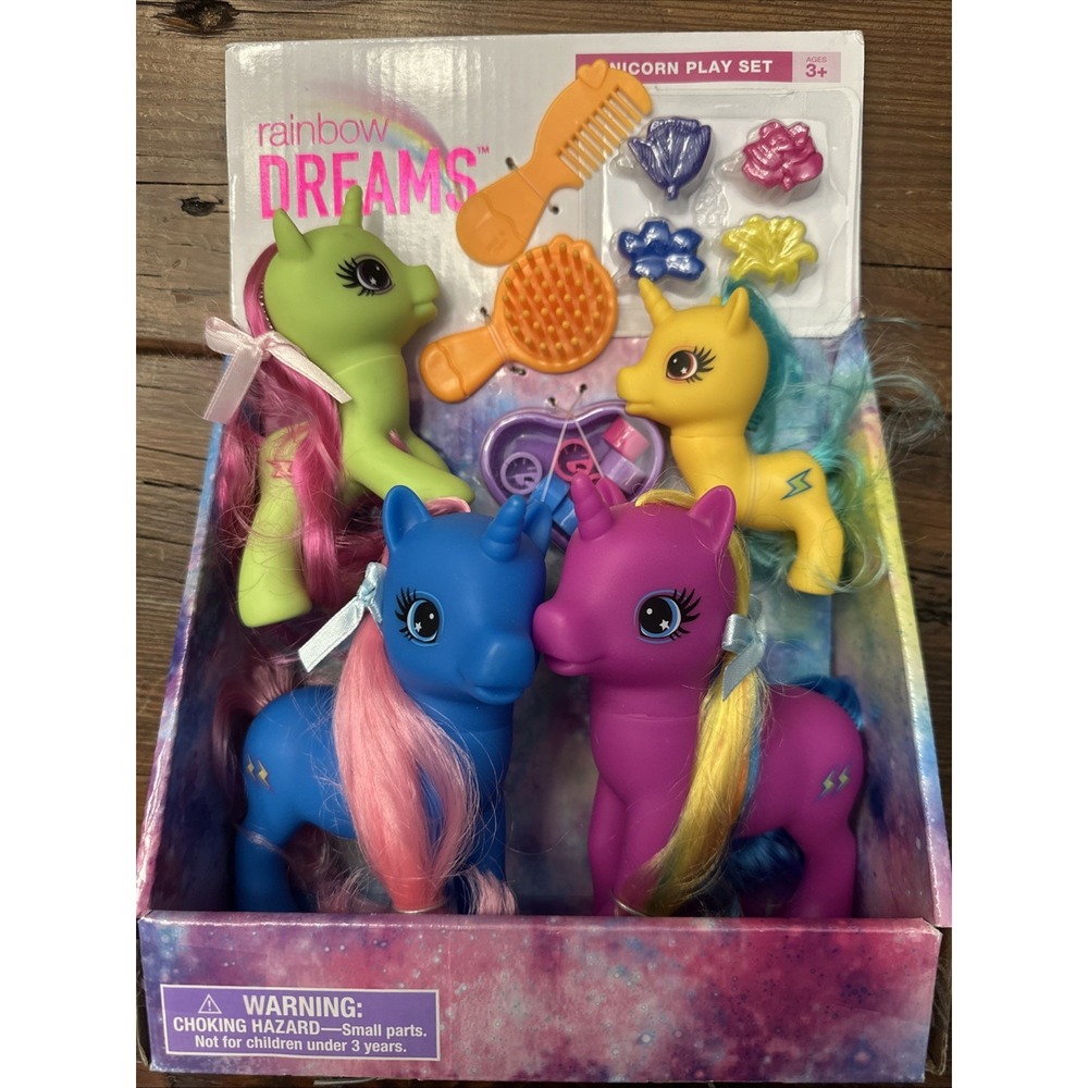 Rainbow Dreams Unicorn Play Set w/ 4 Unicorns, Brush,  Comb & Hair Accessories